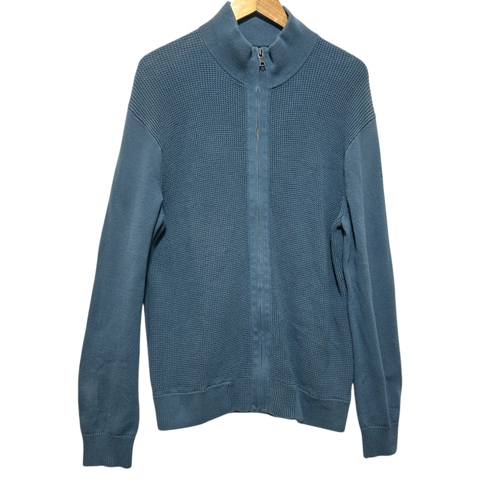 Banana Republic Men Full Zip Sweater L Blue Waffle Knit Cotton Minimalist Modern